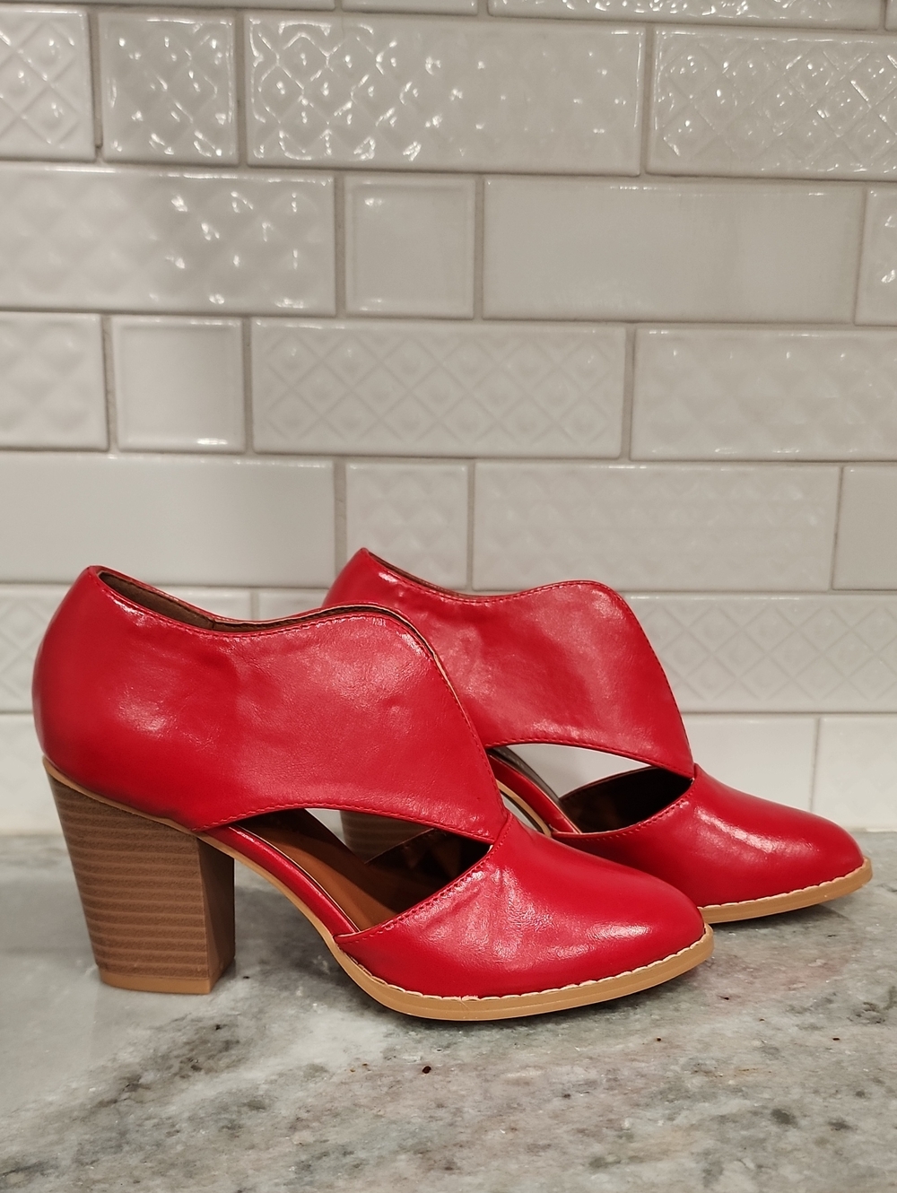 Red Cutout Block Heel Pumps for Women